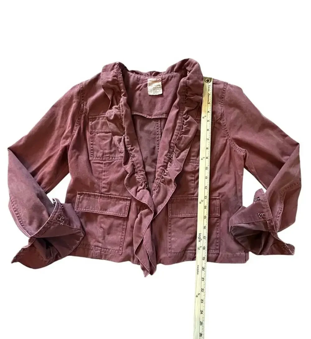 Free People Women's Burgundy Utility Ruffle Front Blazer Jacket